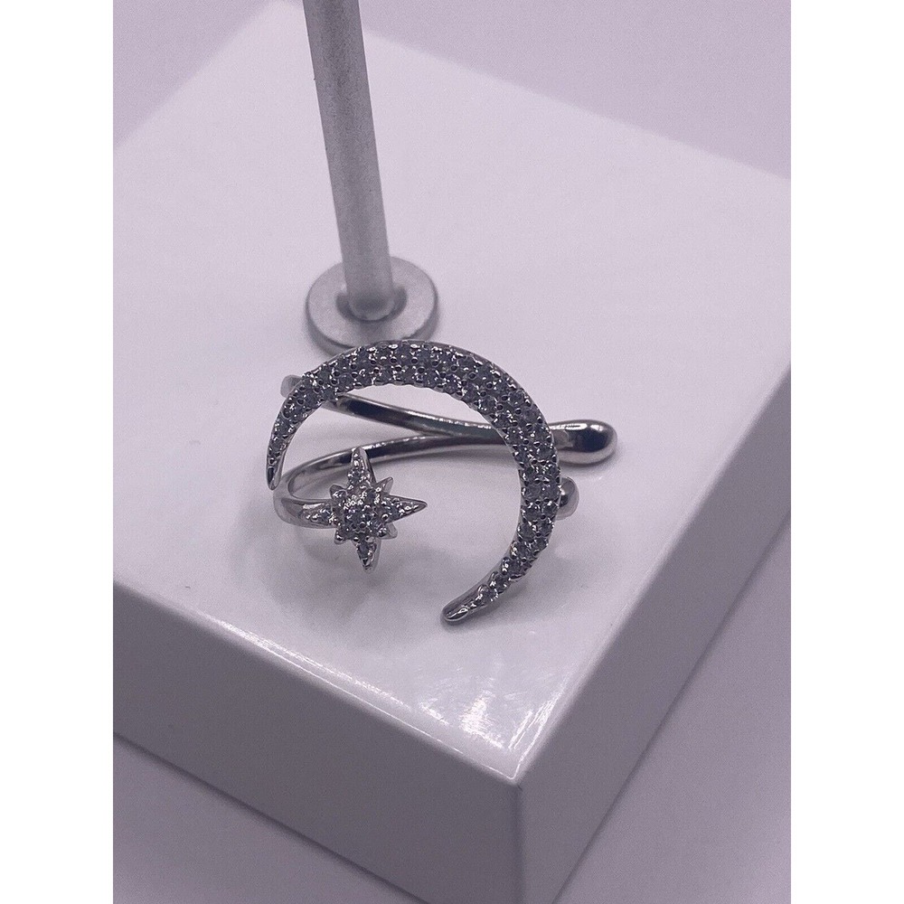 Moon And Crescent Sterling Silver CZ Earring Clip